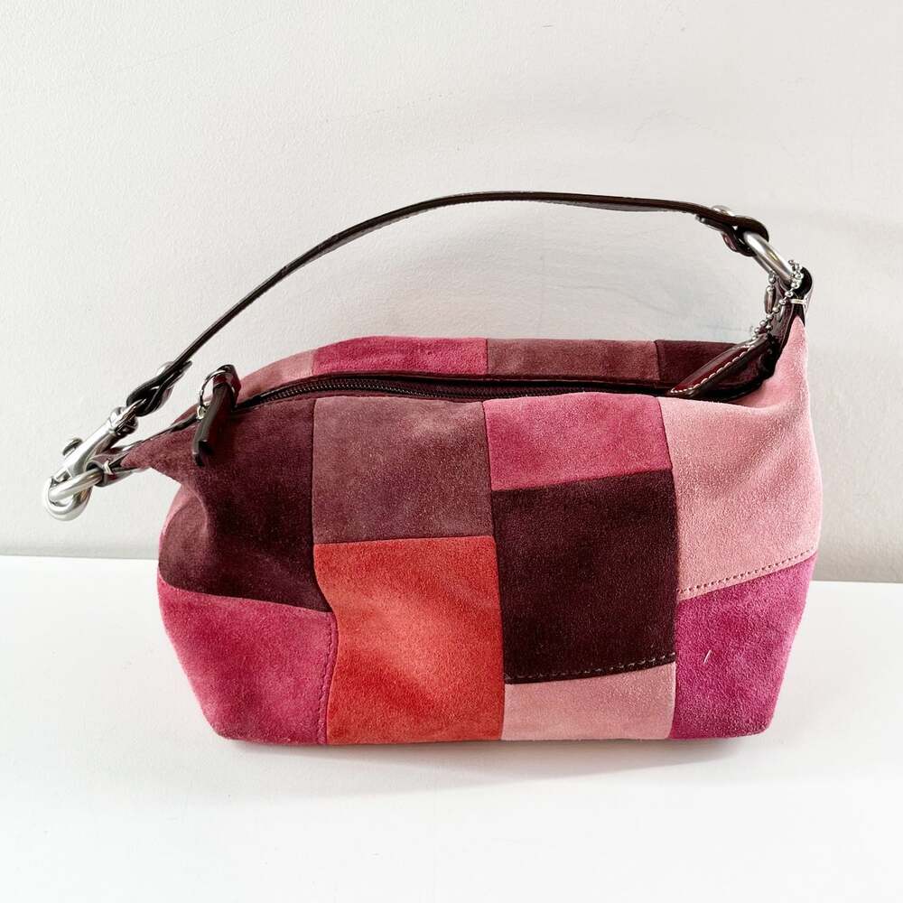 Coach Suede Patchwork Mini Shoulder Bag Pink Red Burgundy
